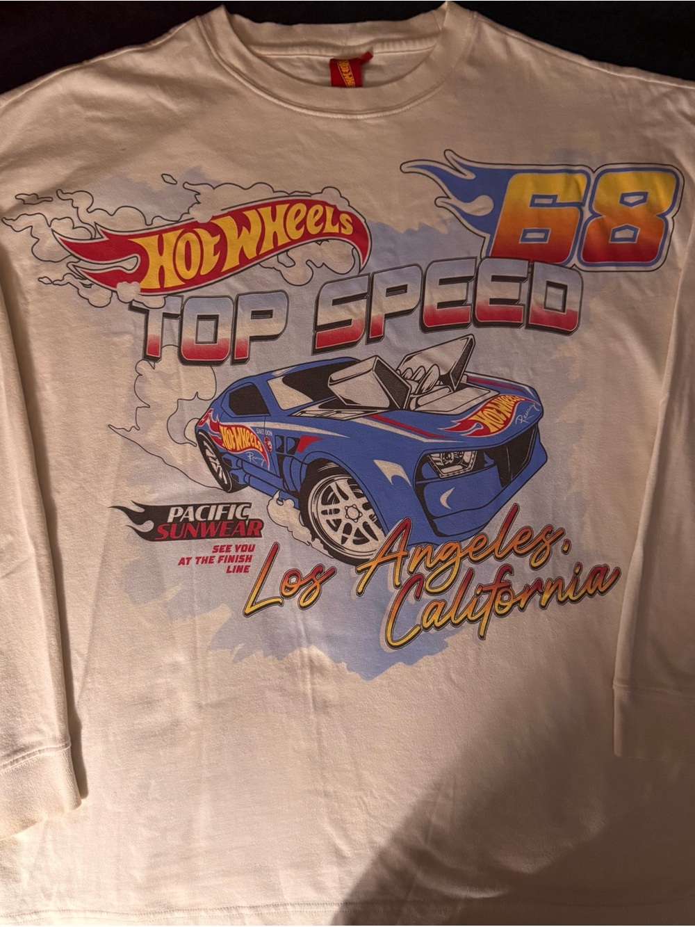 Mattel Hot Wheels White Long-Sleeve Tee with Blue, Red & Yellow Car Graphic